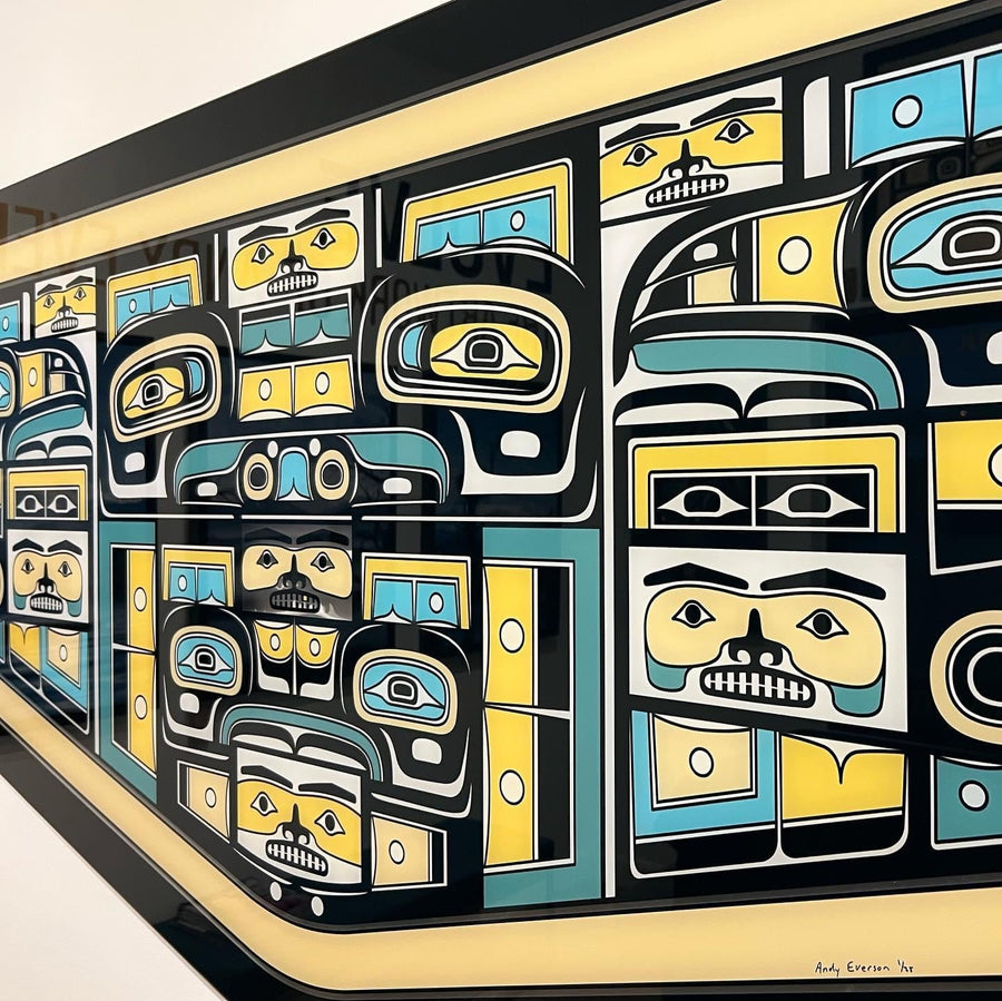 Native fine art print called Ancestors by contemporary indigenous artist Andy Everson close up