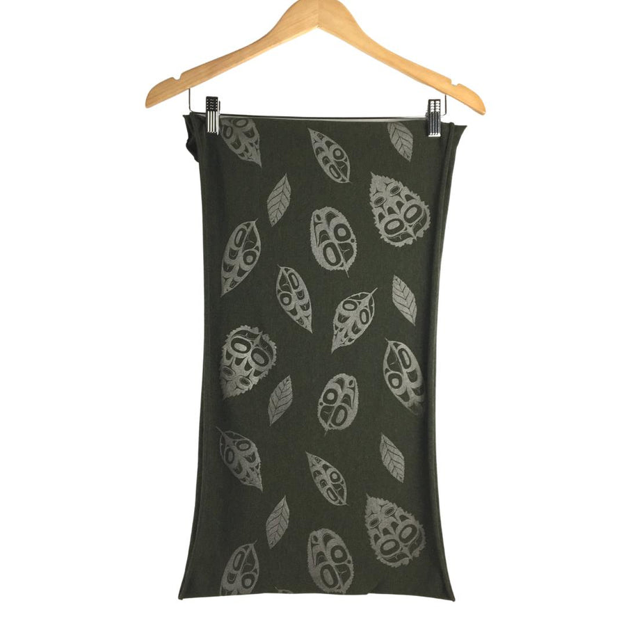 Womens infinity scarf by indigenous artist leaf pattern in grey 3