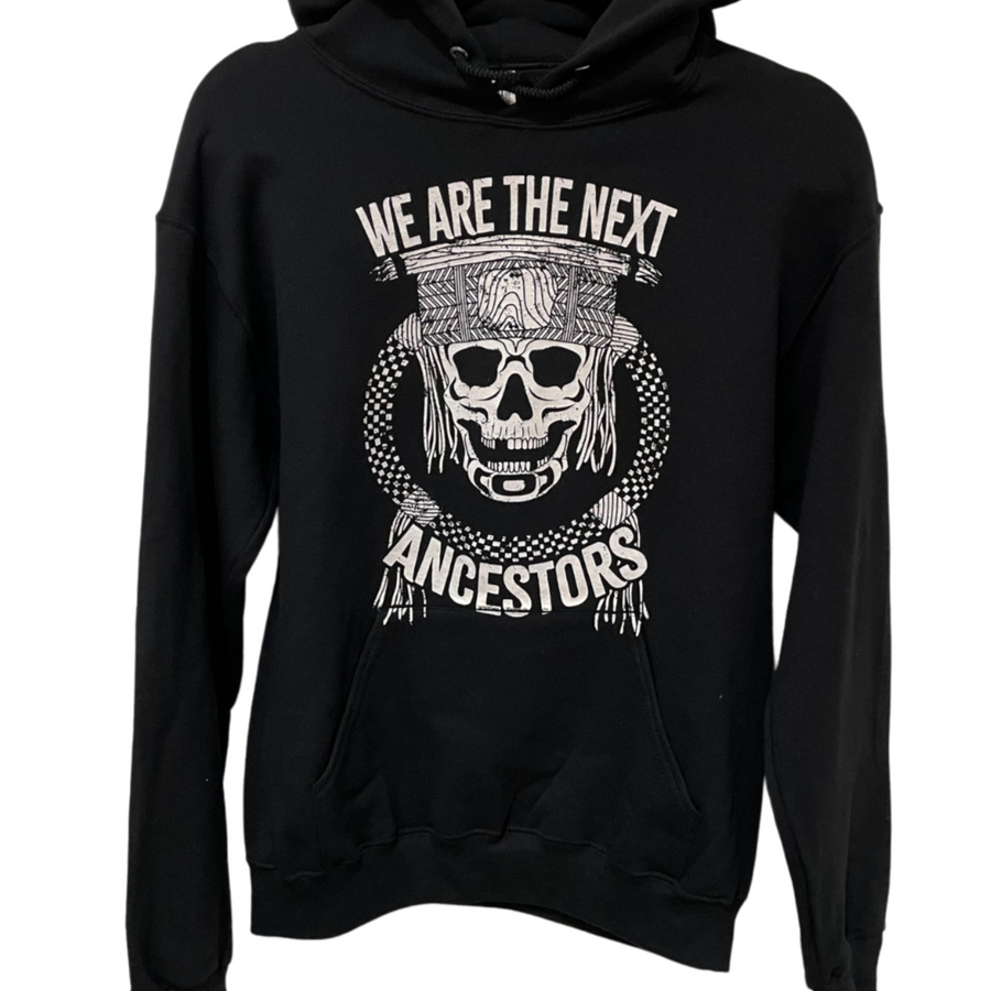 Front view of Native apparel unisex hoodie called Next Ancestors by Indigenous artist