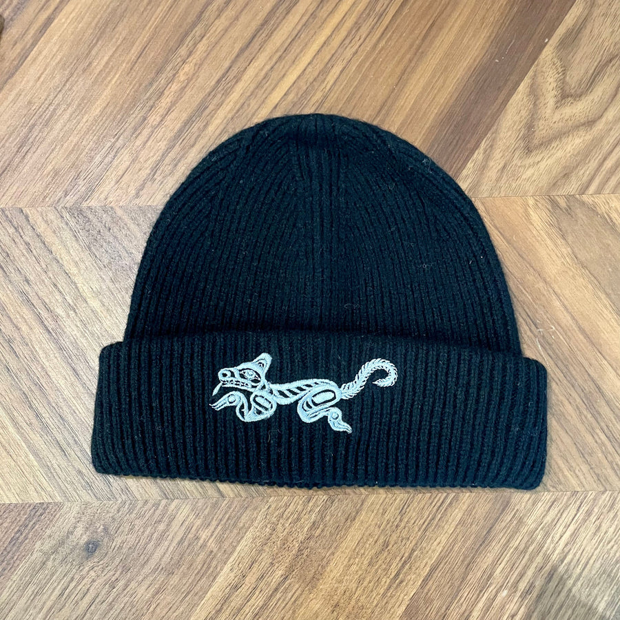 Black wool winter hat with embroidered Wolf design by Haida artist Jesse Brillon