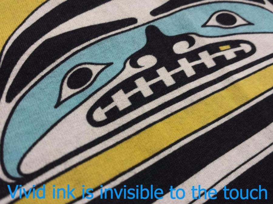 Close up of T-shirt called Northern Warrior by indigenous artist Andy Everson