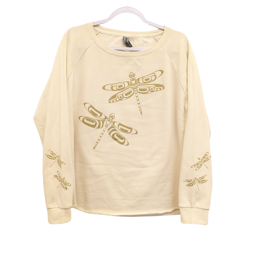 Womens sweatshirt with gold dragonflies on chest and sleeves created by indigenous artist