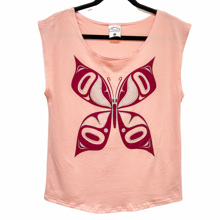 Front view of womens top created by indigenous artist featuring the butterfly