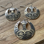 Close up of Rebel earrings by indigenous artist silver 2
