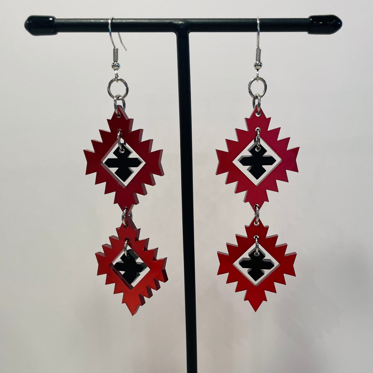 Plains Points Double Tiered acrylic earrings in satin red and black by Indigenous artist