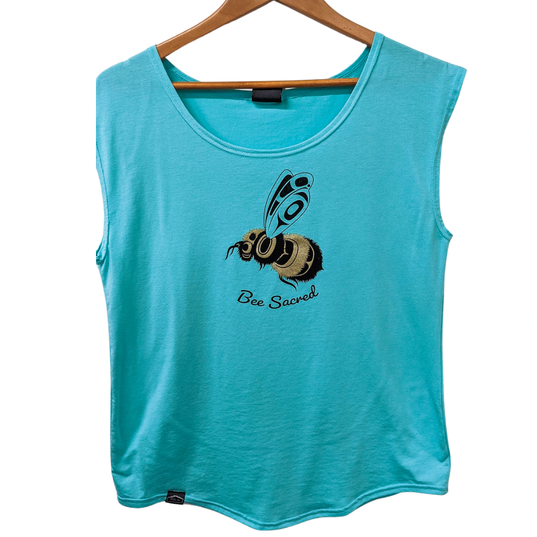 Women's Bee Sacred cap sleeve top by indigenous artist Andy Everson