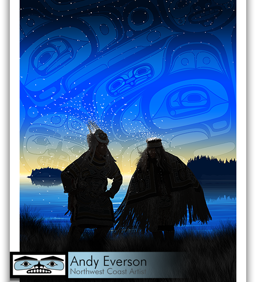 Native fine art print called Dancing Together by contemporary indigenous artist Andy Everson