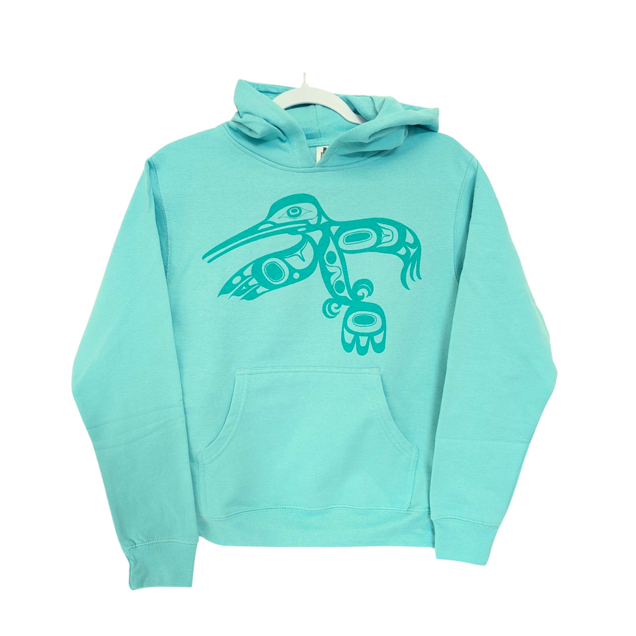 Front view of Native apparel kids sweatshirt featuring the hummingbird by Indigenous artist