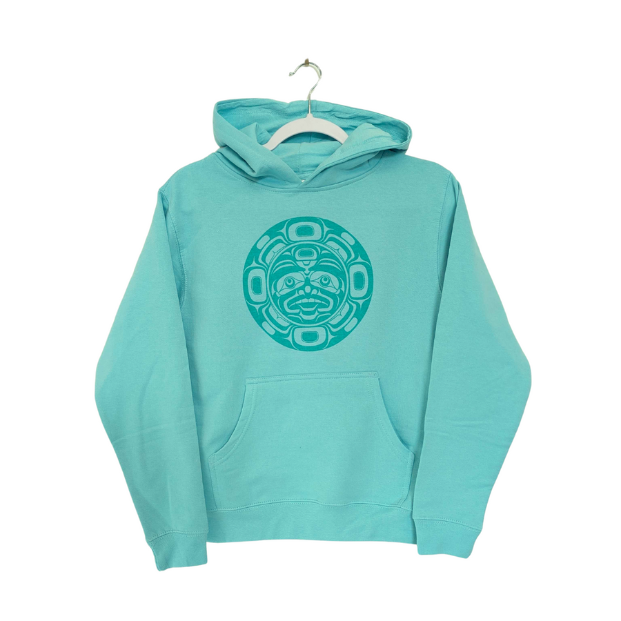 Front view of Native apparel kids sweatshirt called Moon Glow by Indigenous artist
