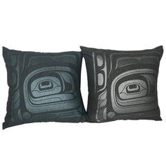 Close up of two hemp pillows cover by indigenous artist 2