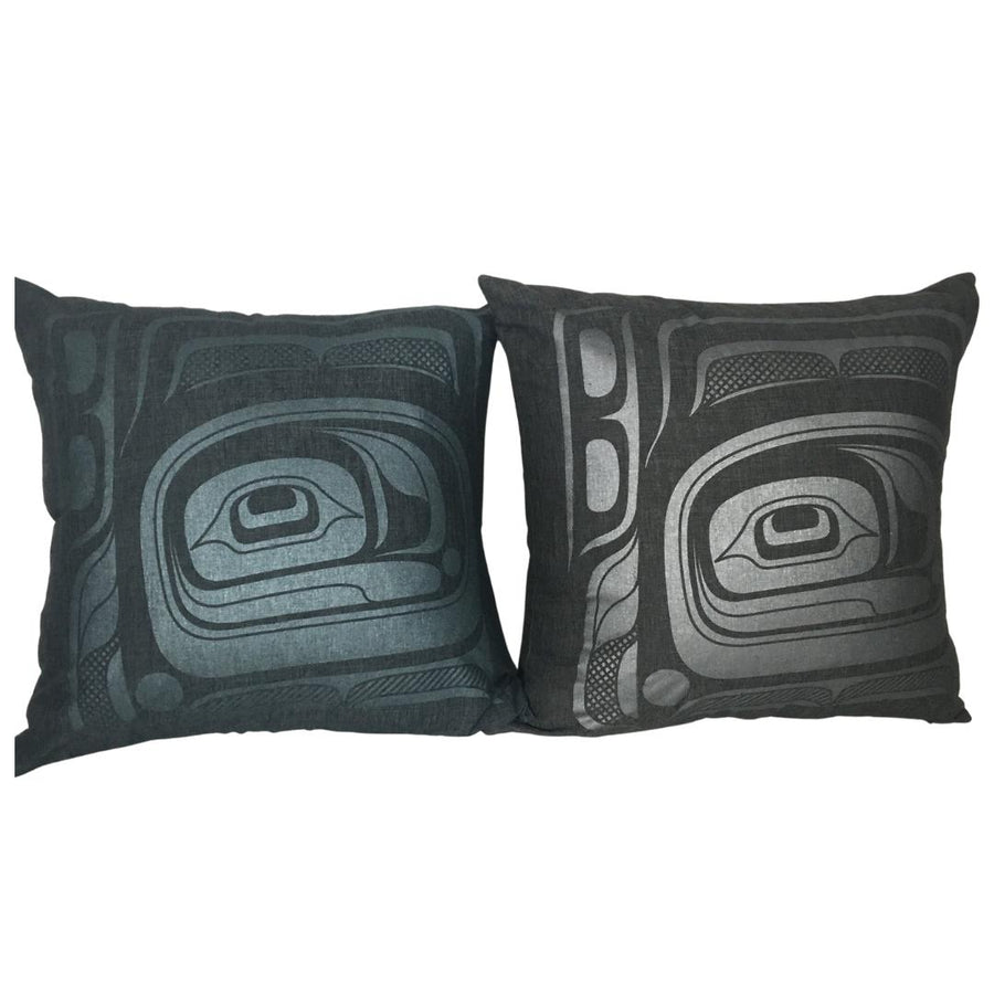 Close up of two hemp pillows cover by indigenous artist 2