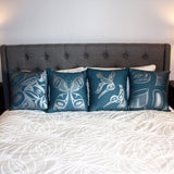 Close up of hemp pillow cover by indigenous artist on bed