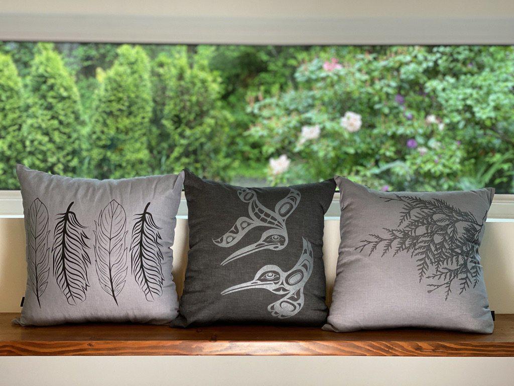 Close up of hemp pillow cover by indigenous artist display