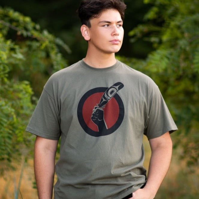 Model wearing T-shirt called Idle No More by indigenous artist Andy Everson
