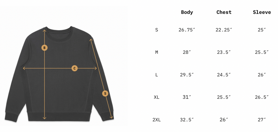 Size chart of Indigenize everything sweatshirt by indigenous artist