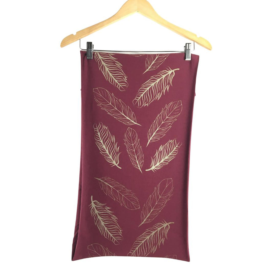 Womens infinity scarf by indigenous artist leaf pattern in maroon flat