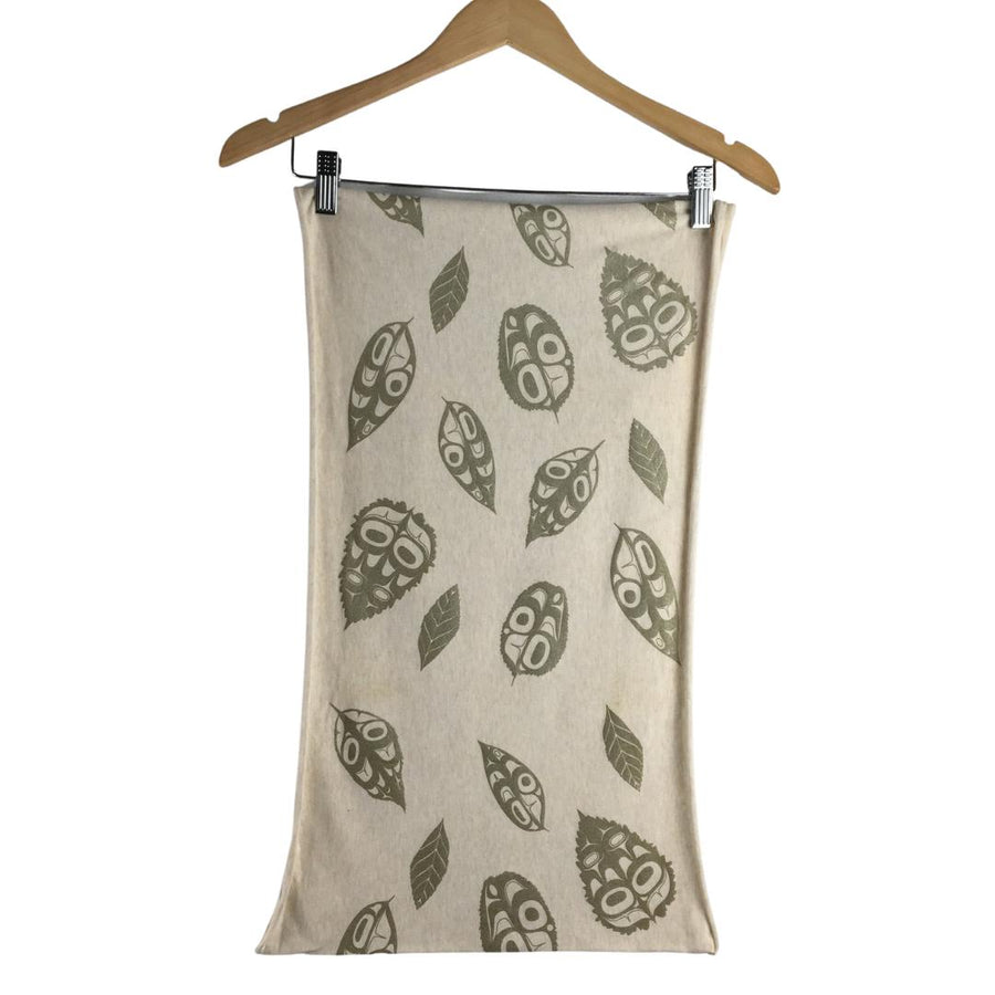 Womens infinity scarf by indigenous artist leaf pattern in oatmeal