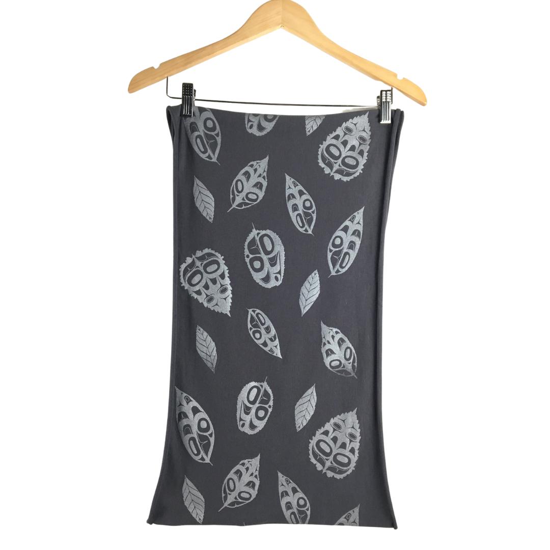 Womens infinity scarf by indigenous artist leaf pattern in grey