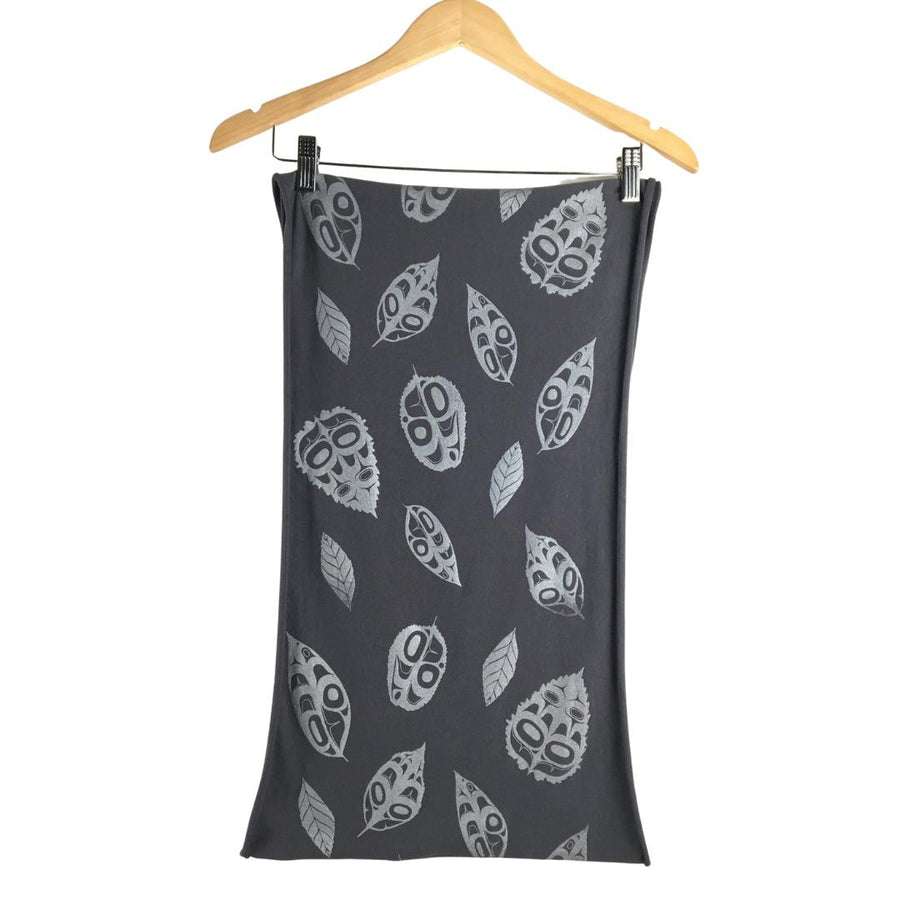 Womens infinity scarf by indigenous artist leaf pattern in grey