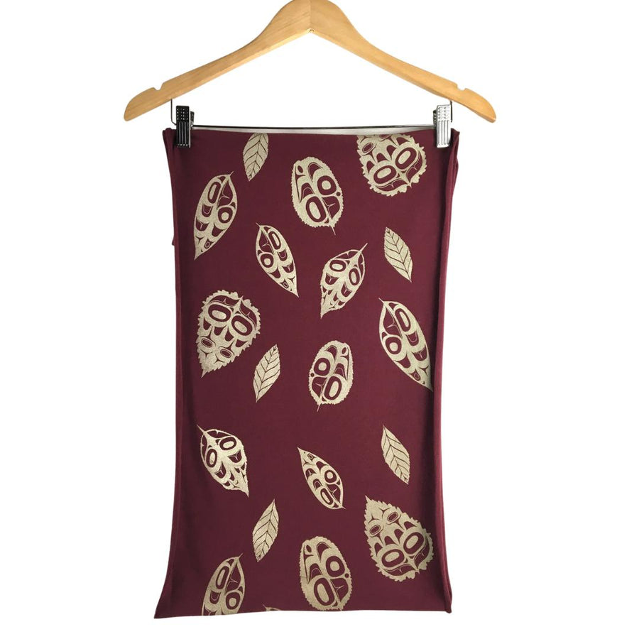 Womens infinity scarf by indigenous artist leaf pattern in maroon