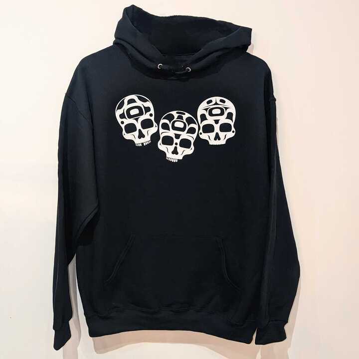 Front view of Native apparel hoodie ancestral skull by Indigenous artist