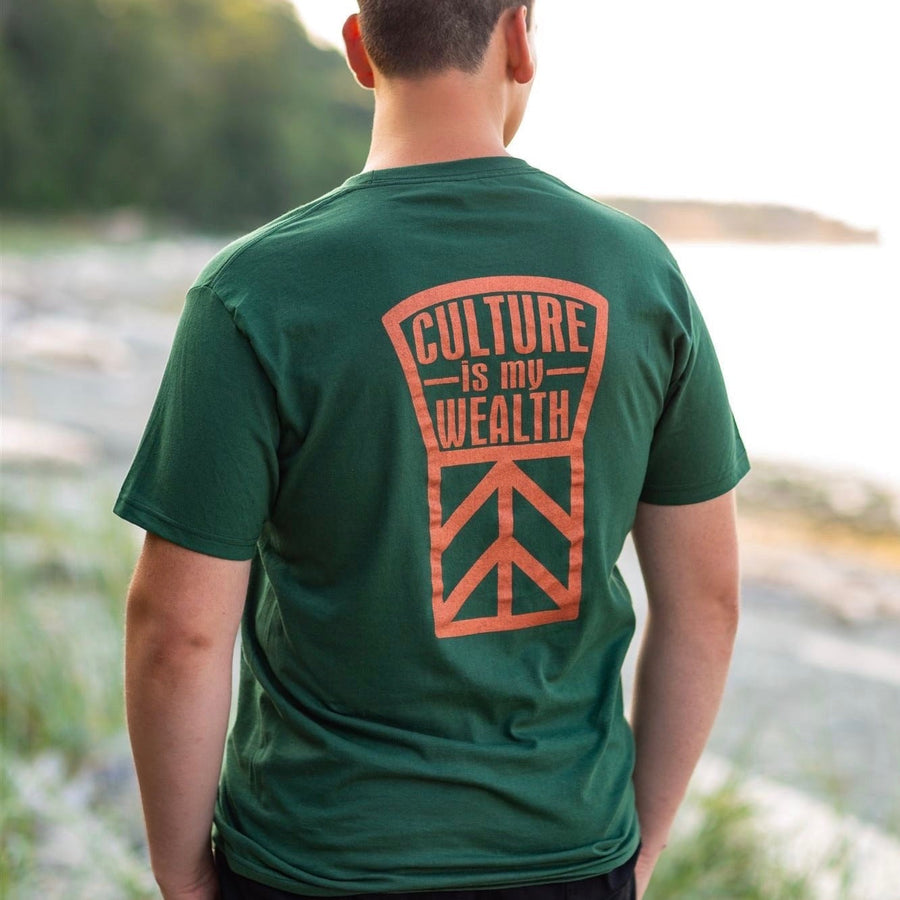 Back of model wearing Native apparel Culture is My Wealth unisex t-shirt by Indigenous artist