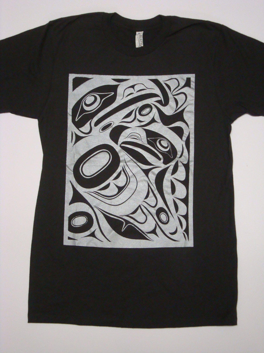 Close up of unisex t-shirt eagle motif by indigenous artist in black