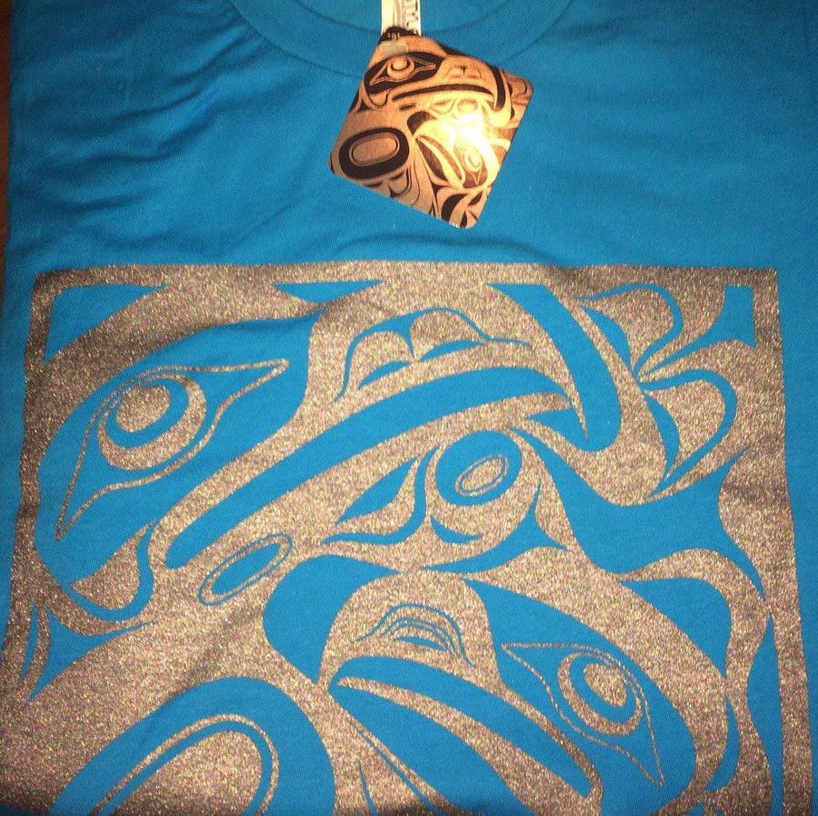 Close up of unisex t-shirt eagle motif by indigenous artist in blue 2