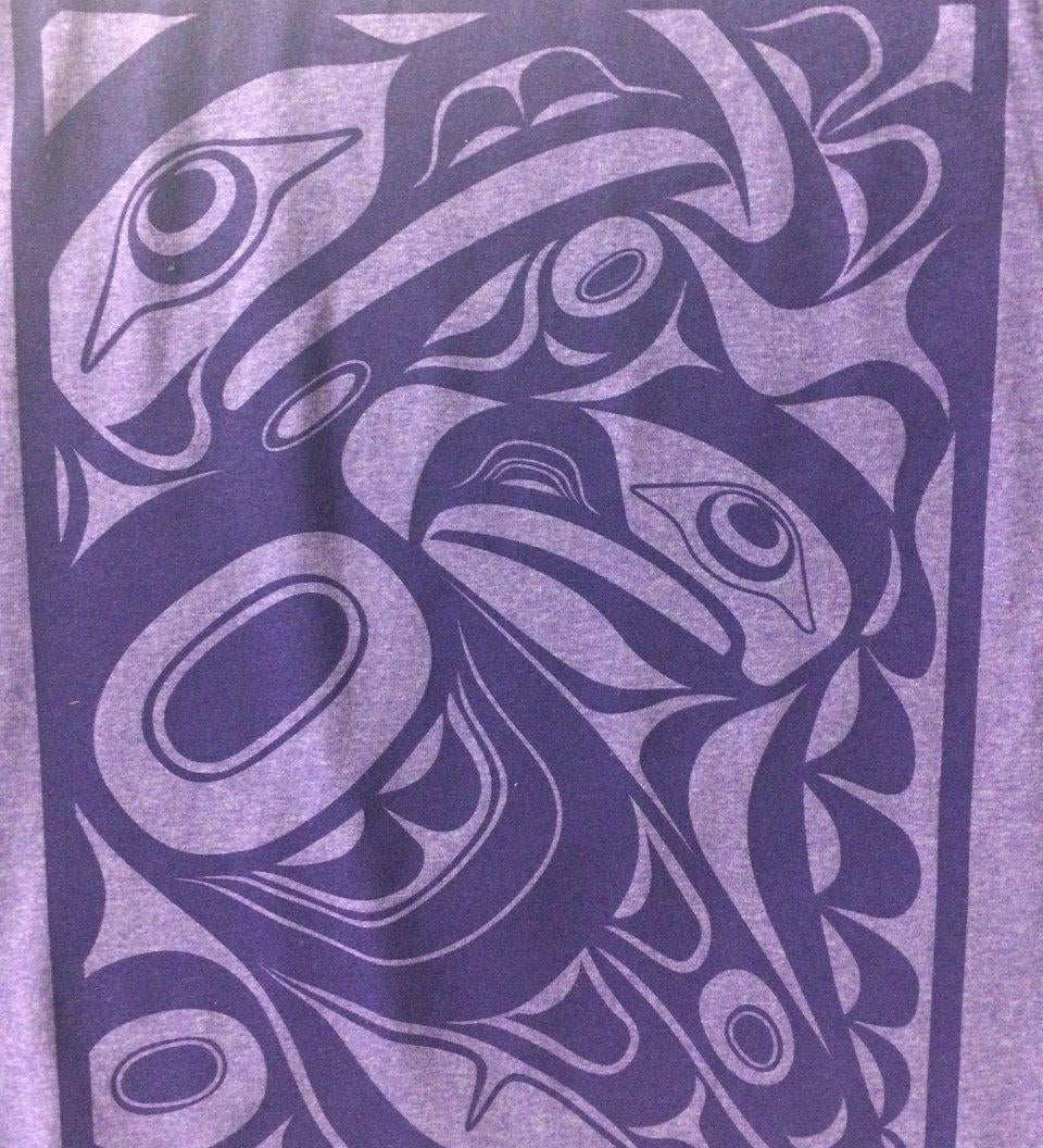 Close up of unisex t-shirt eagle motif by indigenous artist in purple