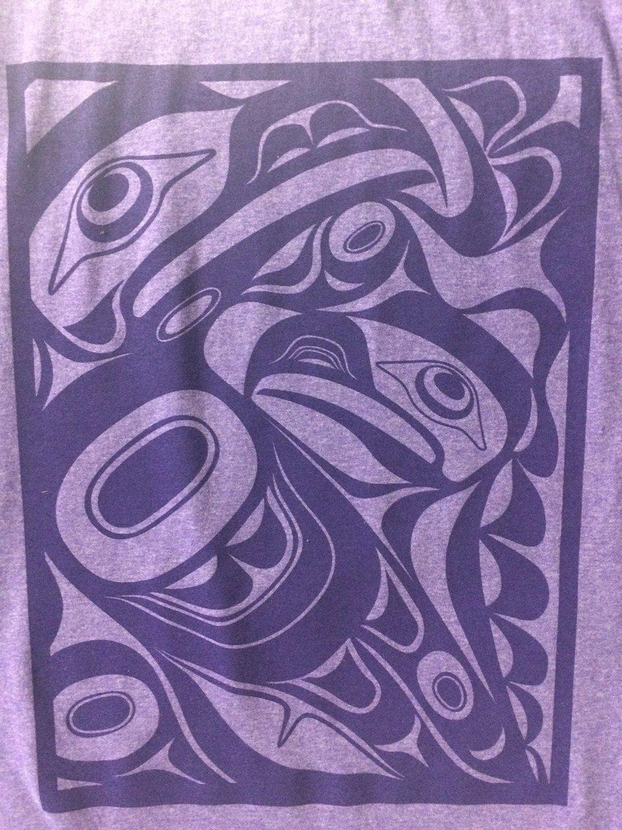 Close up of unisex t-shirt eagle motif by indigenous artist in purple