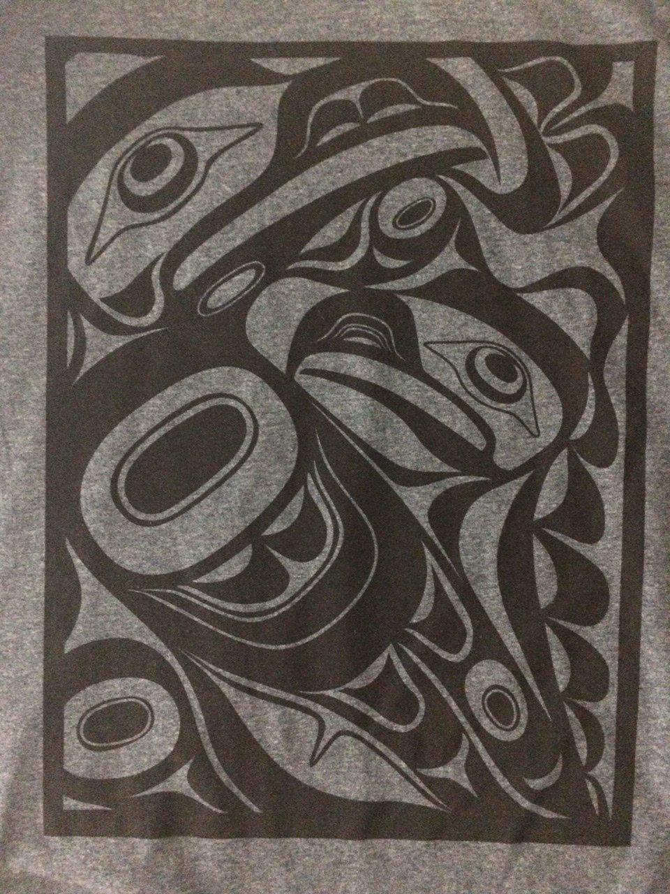 Close up of unisex t-shirt eagle motif by indigenous artist in grey