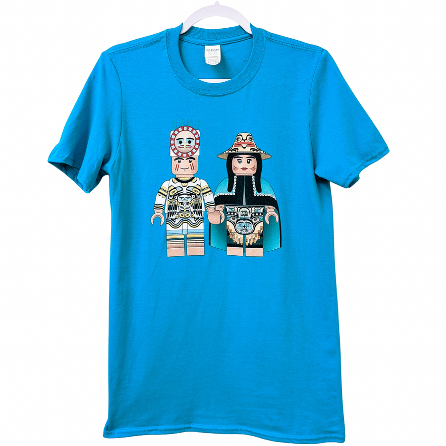 Front view of unisex t-shirt called indige fig by indigenous artist in blue