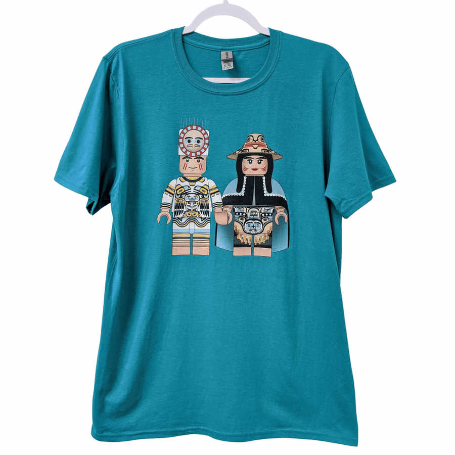 Front view of unisex t-shirt called indige fig by indigenous artist in green