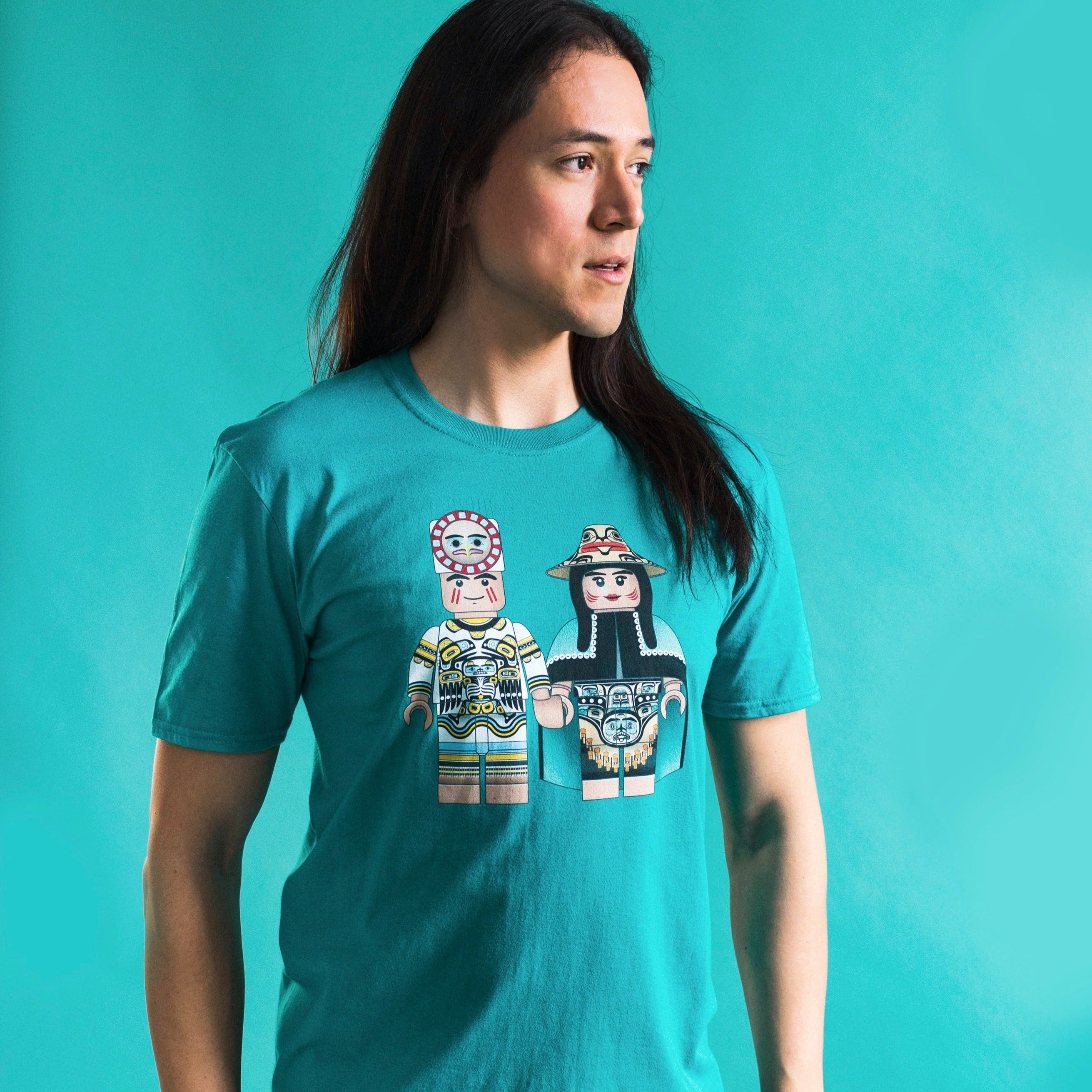 Front view of unisex t-shirt called indige fig by indigenous artist in green