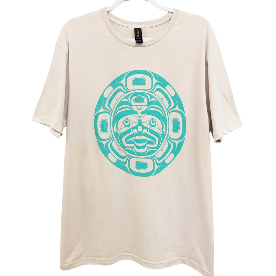 Front view of Native apparel unisex sweatshirt called moon by Indigenous artist glow in the dark