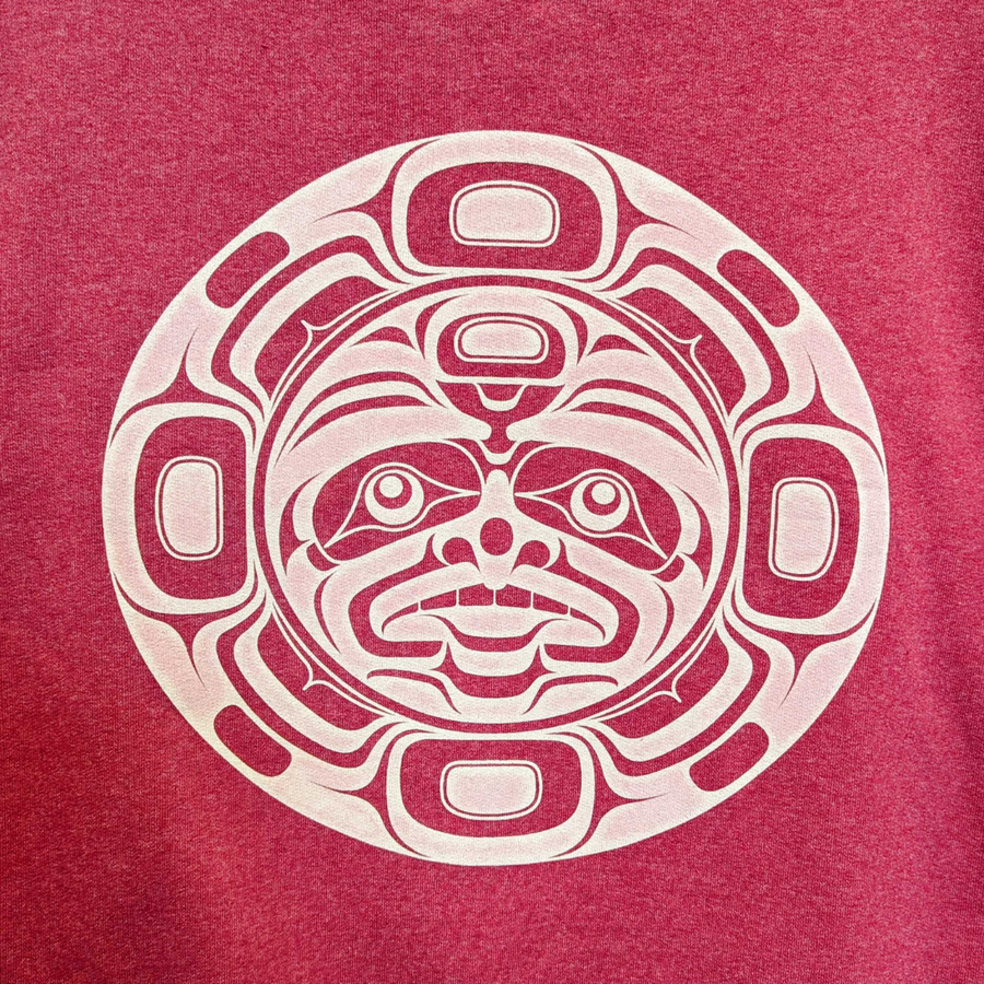 Close up view of Native apparel unisex sweatshirt called moon by Indigenous artist