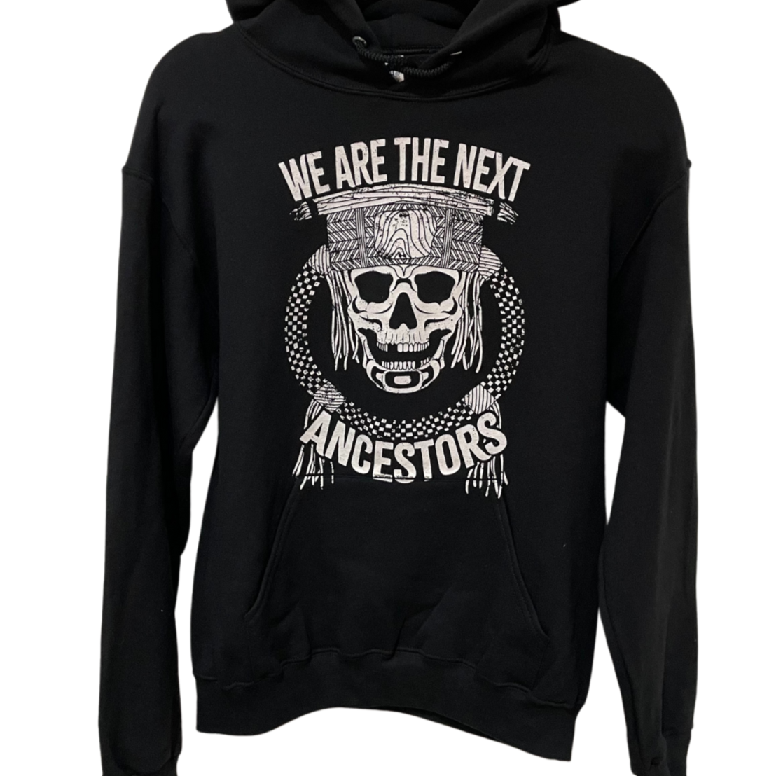 Front view of Native apparel unisex hoodie called Next Ancestors by Indigenous artist