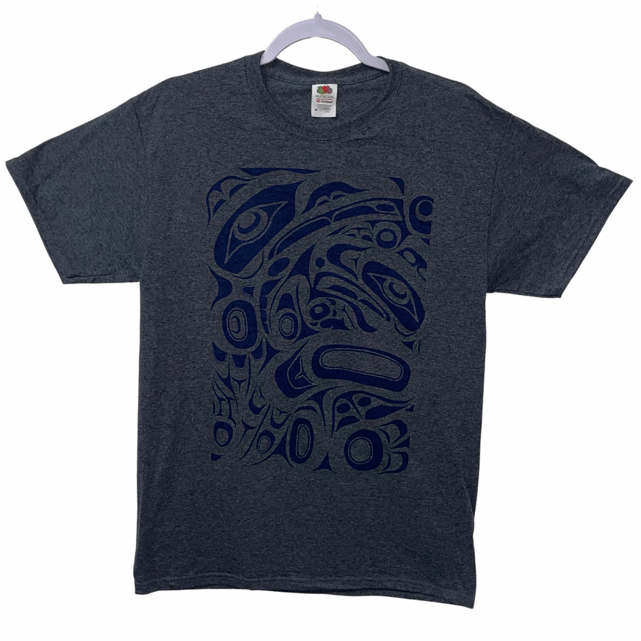 Front view of unisex t-shirt wolf by indigenous artist in black