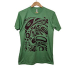 Front view of unisex t-shirt raven and eagle motif by indigenous artist in green