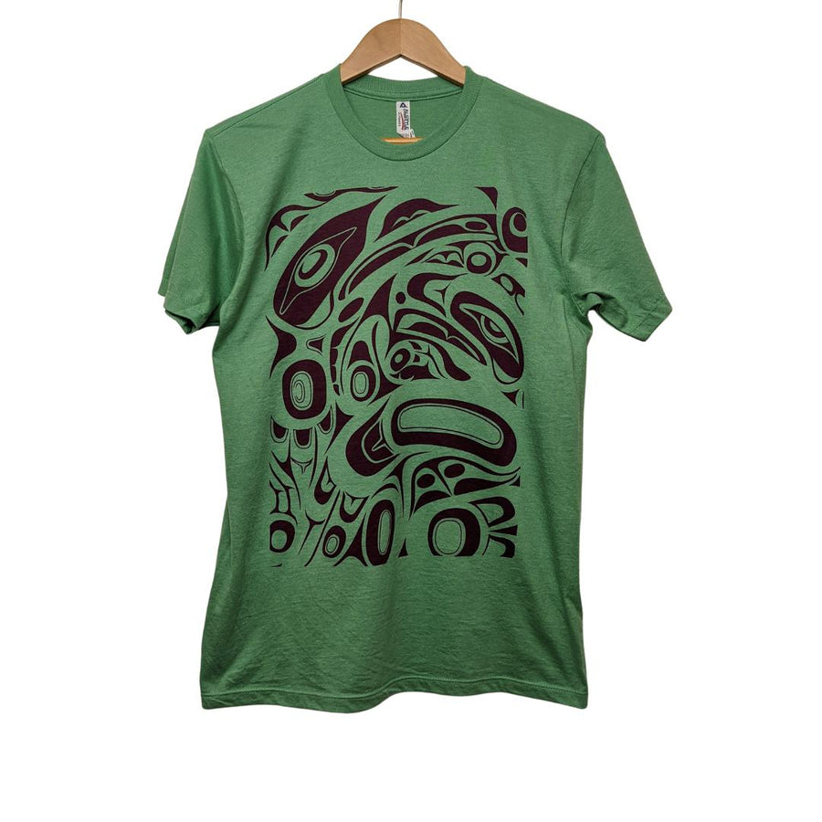 Front view of unisex t-shirt raven and eagle motif by indigenous artist in green