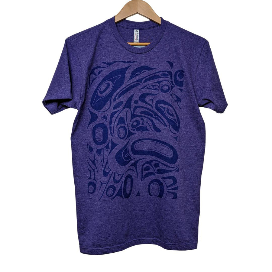 Front view of unisex t-shirt raven and eagle motif by indigenous artist in purple
