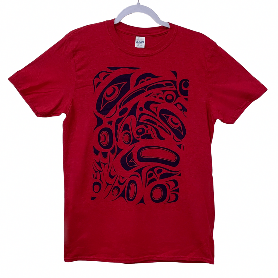 Front view of unisex t-shirt raven and eagle motif by indigenous artist in red