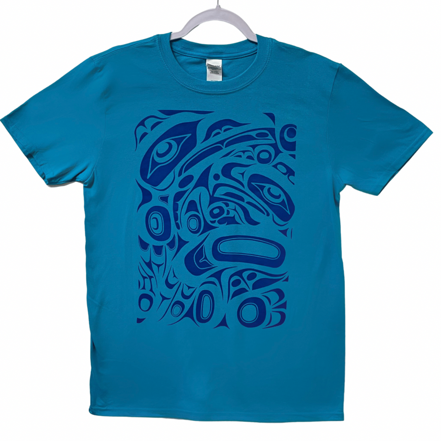 Front view of unisex t-shirt raven and eagle motif by indigenous artist in blue