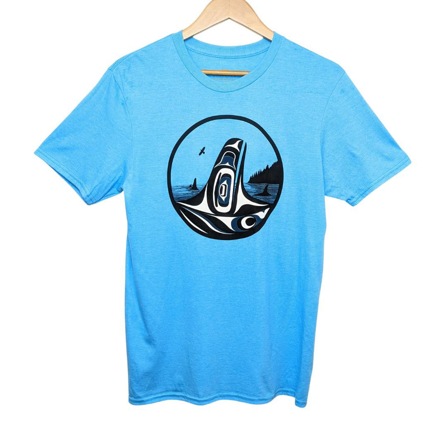 Front of unisex t-shirt featuring Raven-Fin Killer Whale by indigenous artist