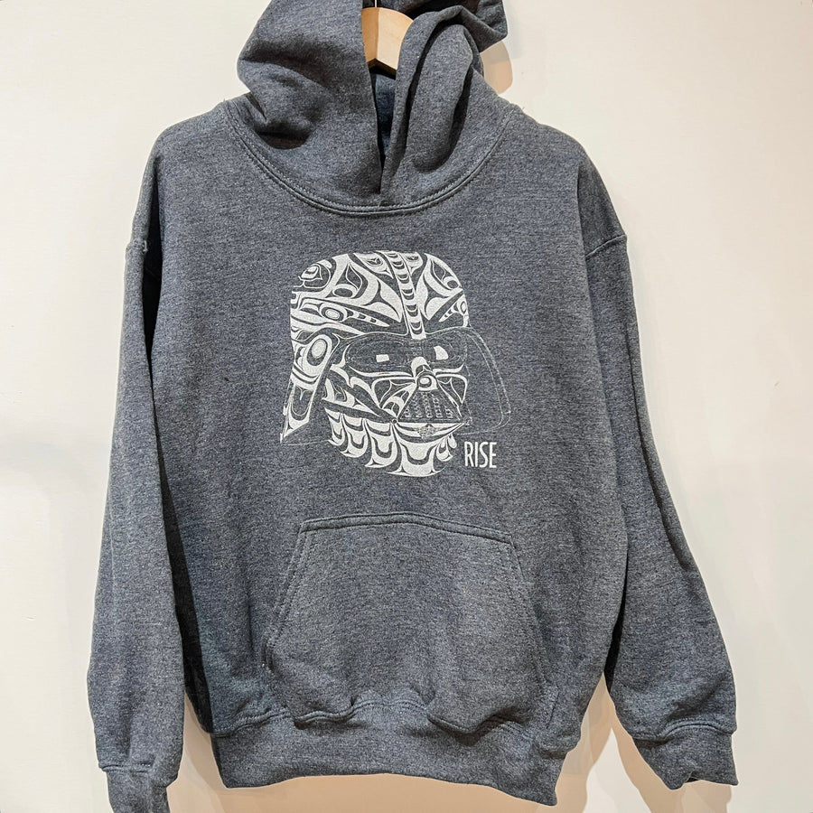 Front view of Native apparel kids hoodie called rise by Indigenous artist in blue