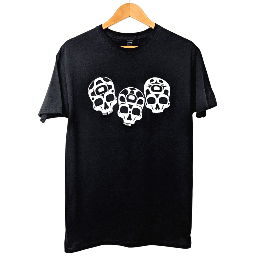 Front view of ancestral skull unisex t-shirt by indigenous artist