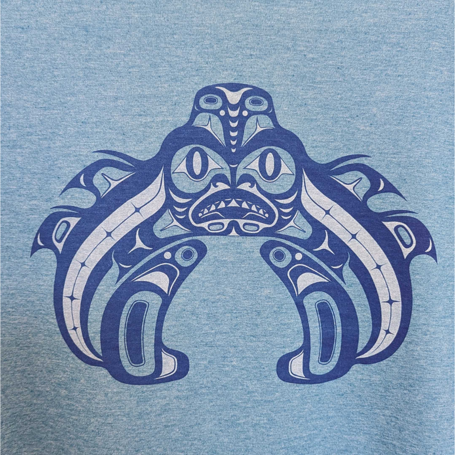 Close up view of Native apparel Dog Fish Crest unisex t-shirt by Indigenous artist