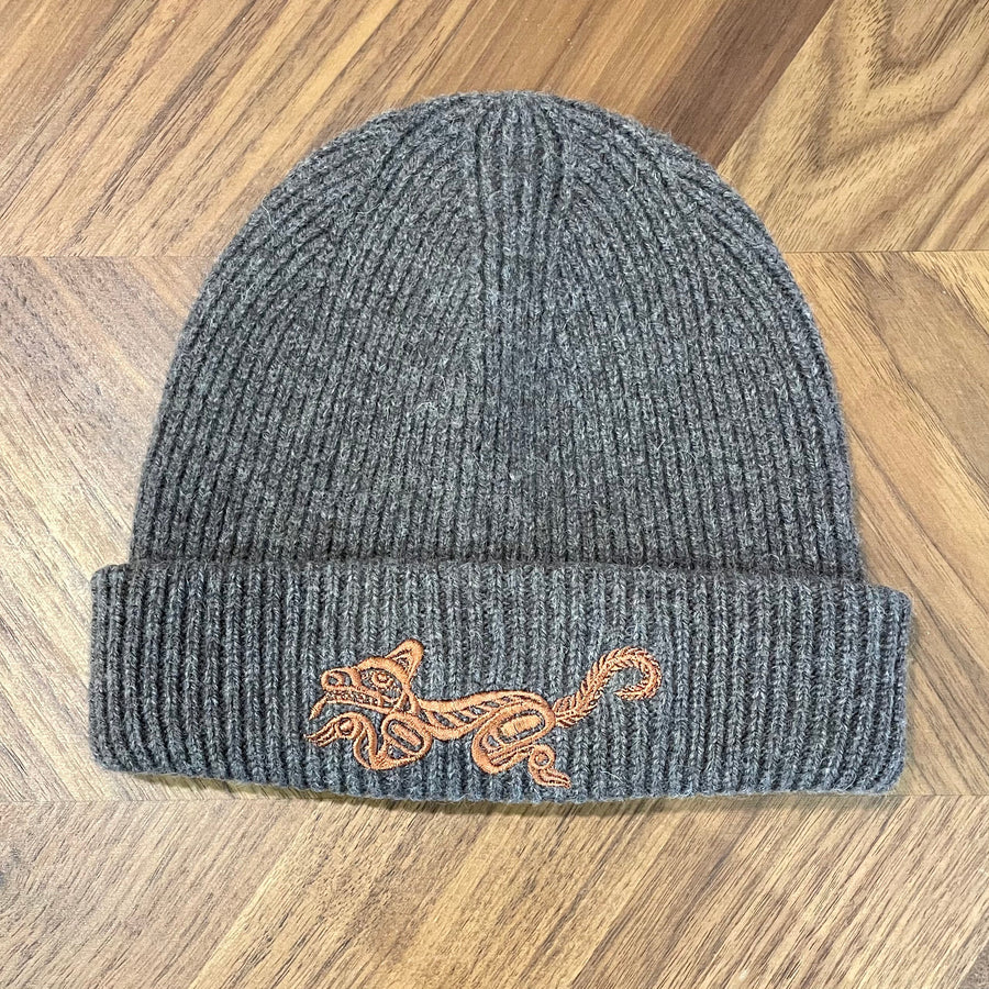 Brown wool winter hat with embroidered Wolf design by Haida artist Jesse Brillon