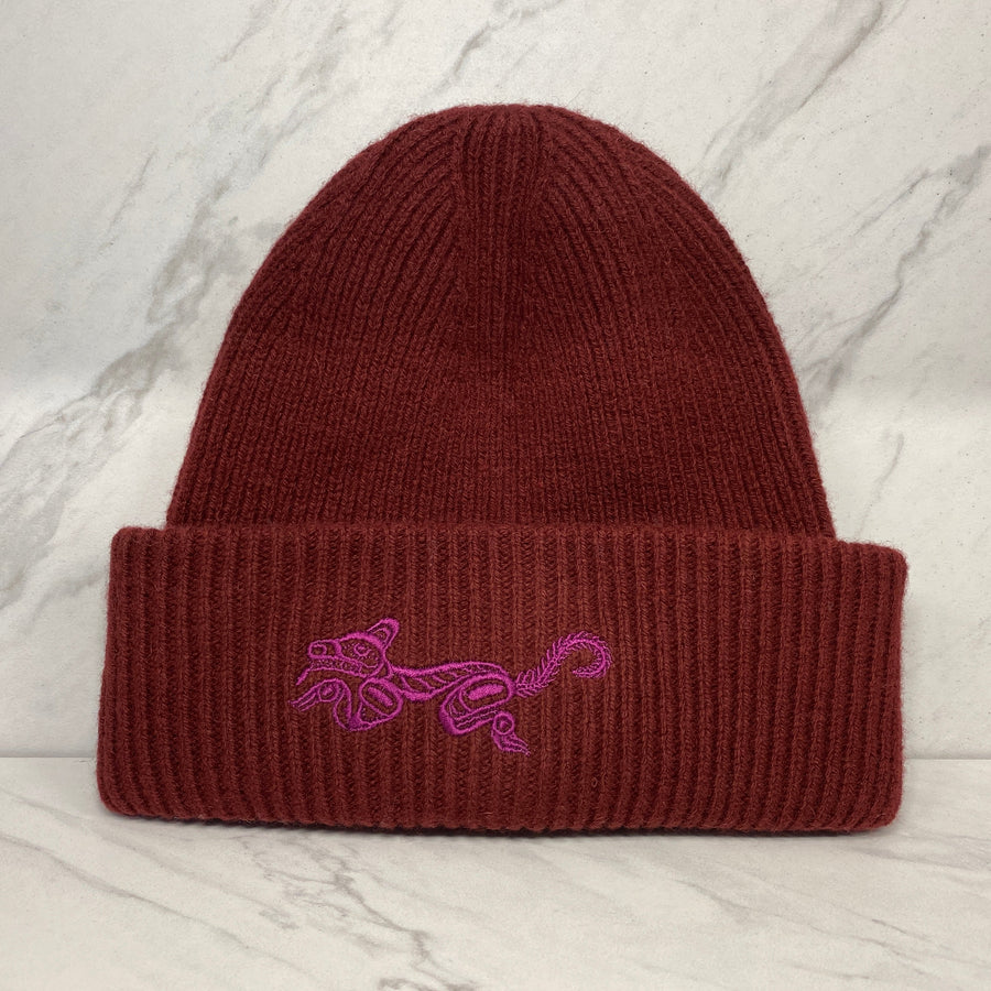 Wool winter hat with embroidered Wolf design by Haida artist Jesse Brillon