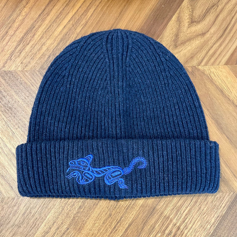 Blue wool winter hat with embroidered Wolf design by Haida artist Jesse Brillon
